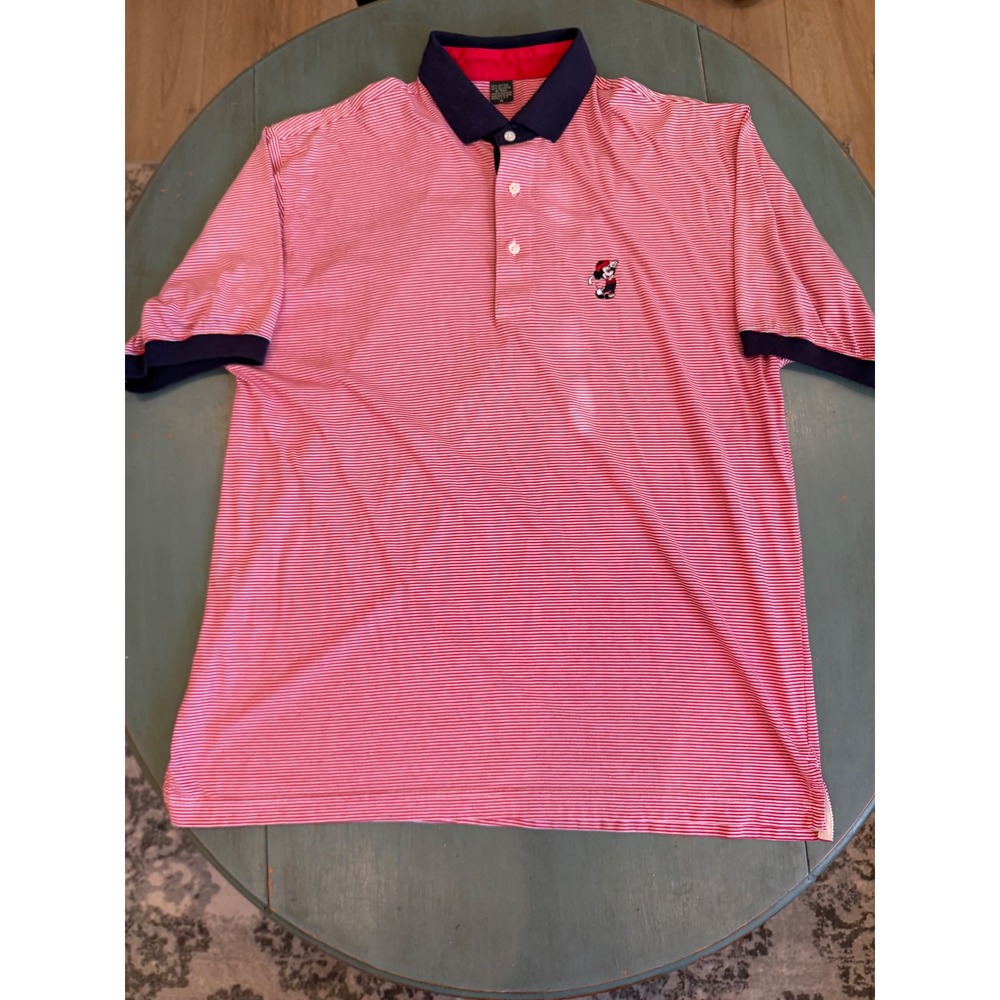 VTG Disney Mickey Mouse Golf Polo Shirt Mens XL‎ Red White Striped SS Cotton